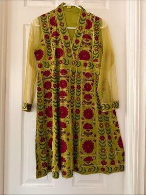 Olive Green Floral Embroidered Tunic with Sheer Sleeves